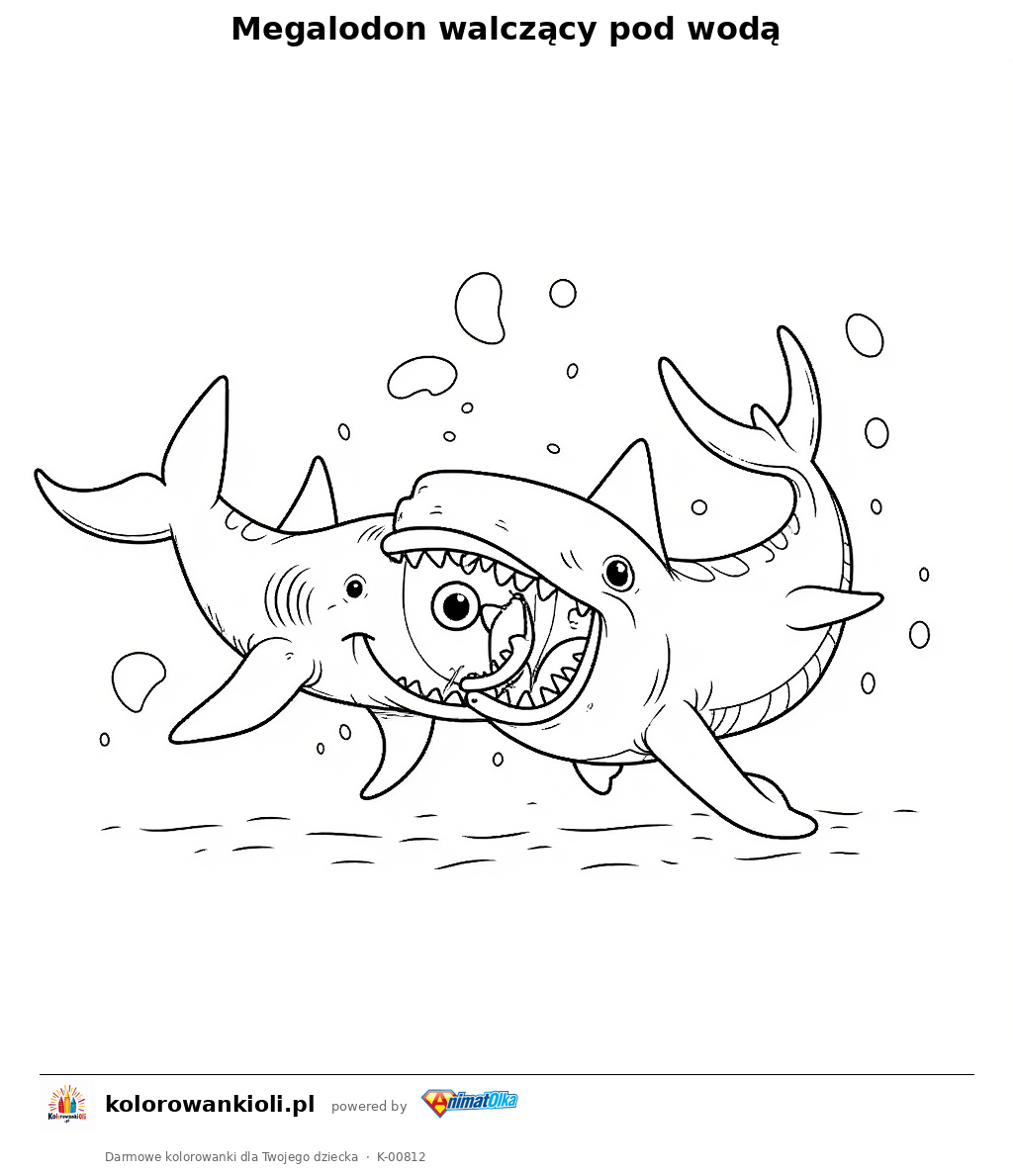 Megalodon walczący pod wodą — kolorowanka do wydruku dla dzieci