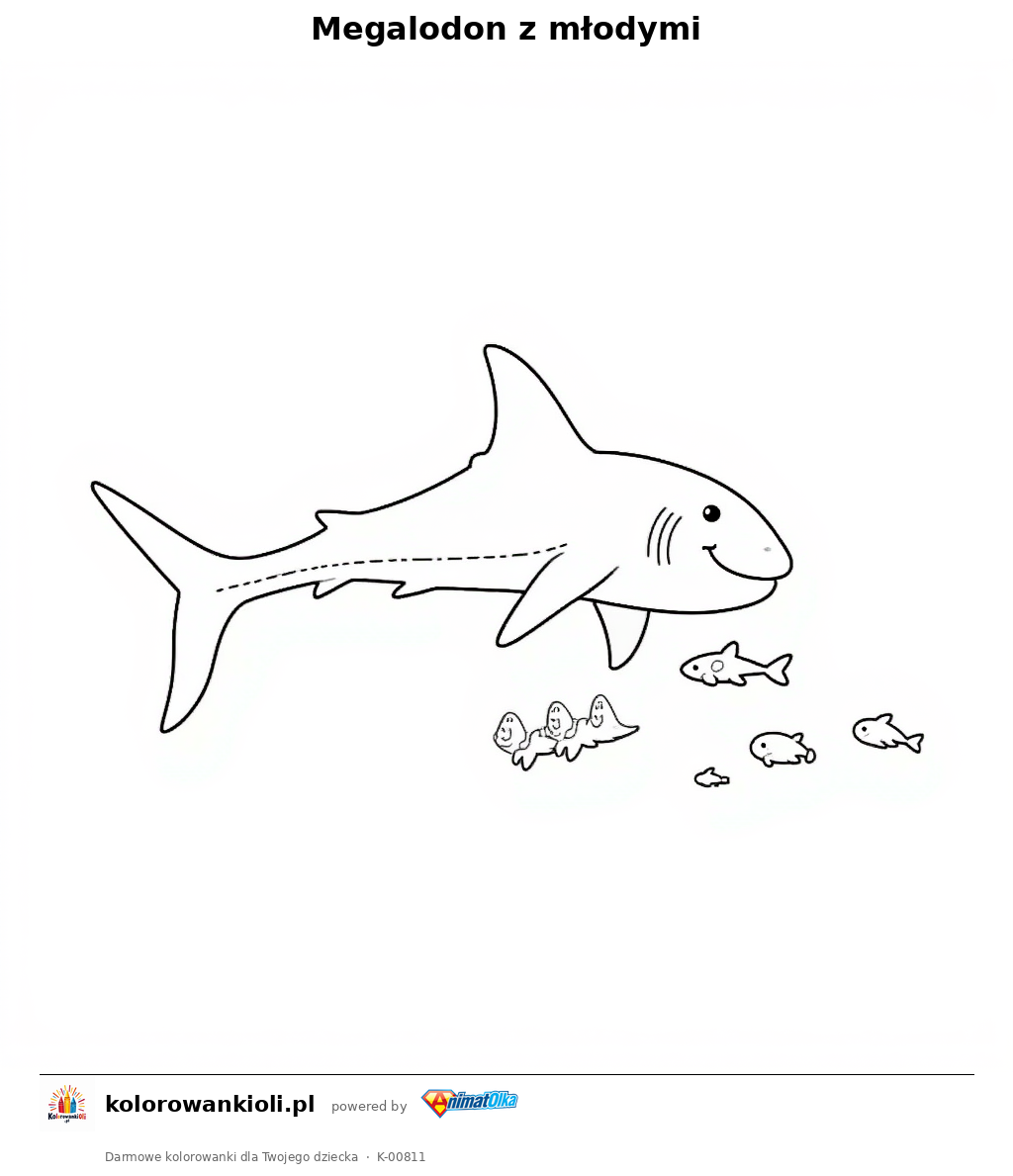 Megalodon z młodymi — kolorowanka do wydruku dla dzieci