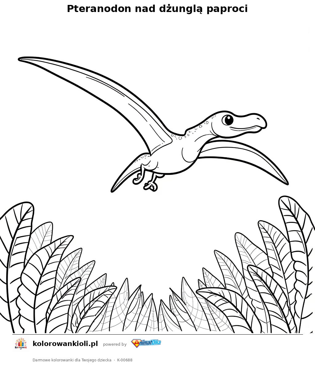 Pteranodon nad dżunglą paproci — kolorowanka do wydruku dla dzieci