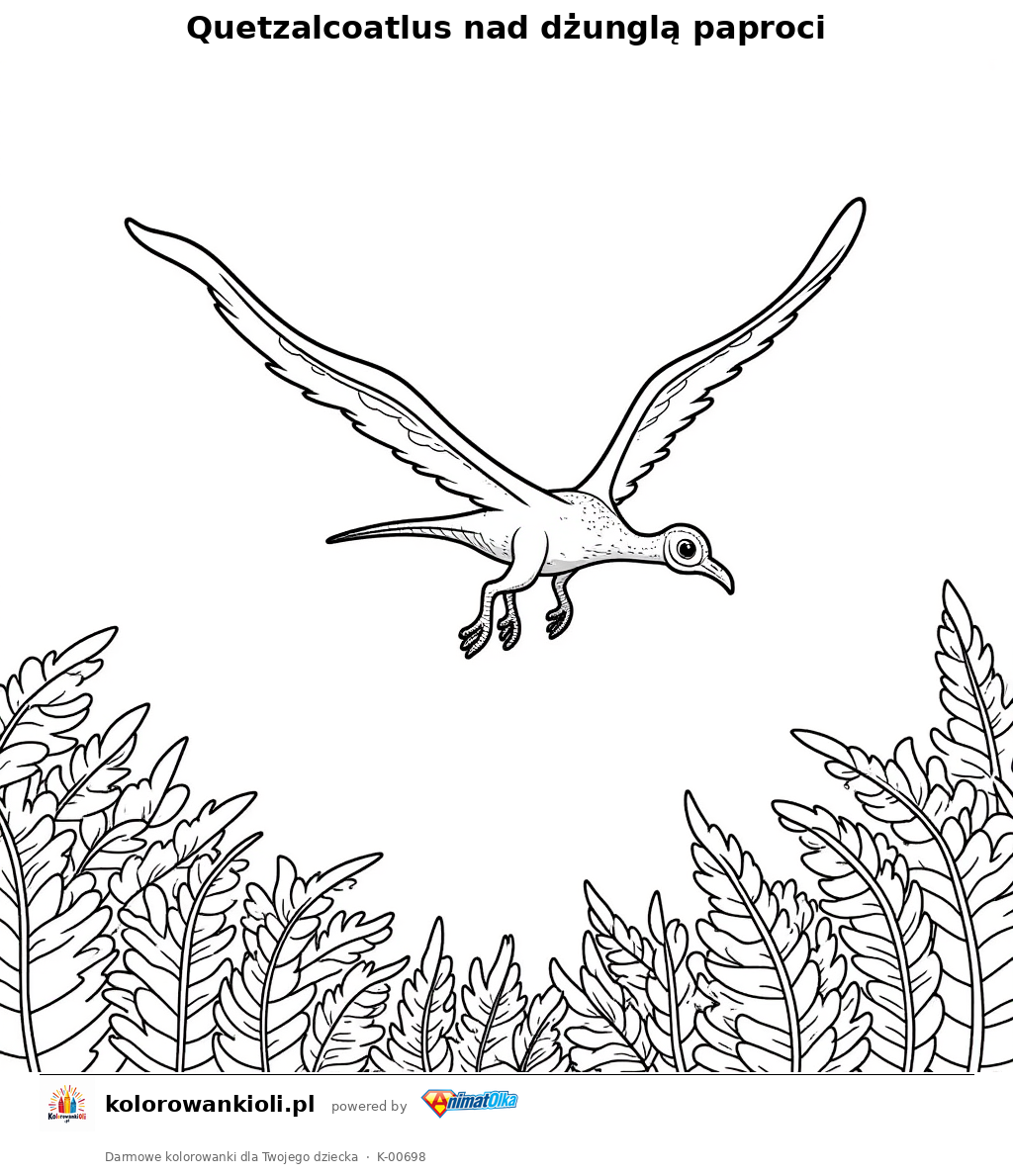 Quetzalcoatlus nad dżunglą paproci — kolorowanka do wydruku dla dzieci