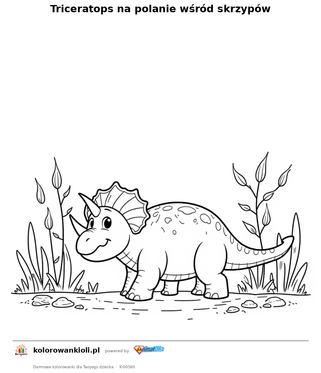 Triceratops na polanie wśród skrzypów — kolorowanka do wydruku dla dzieci