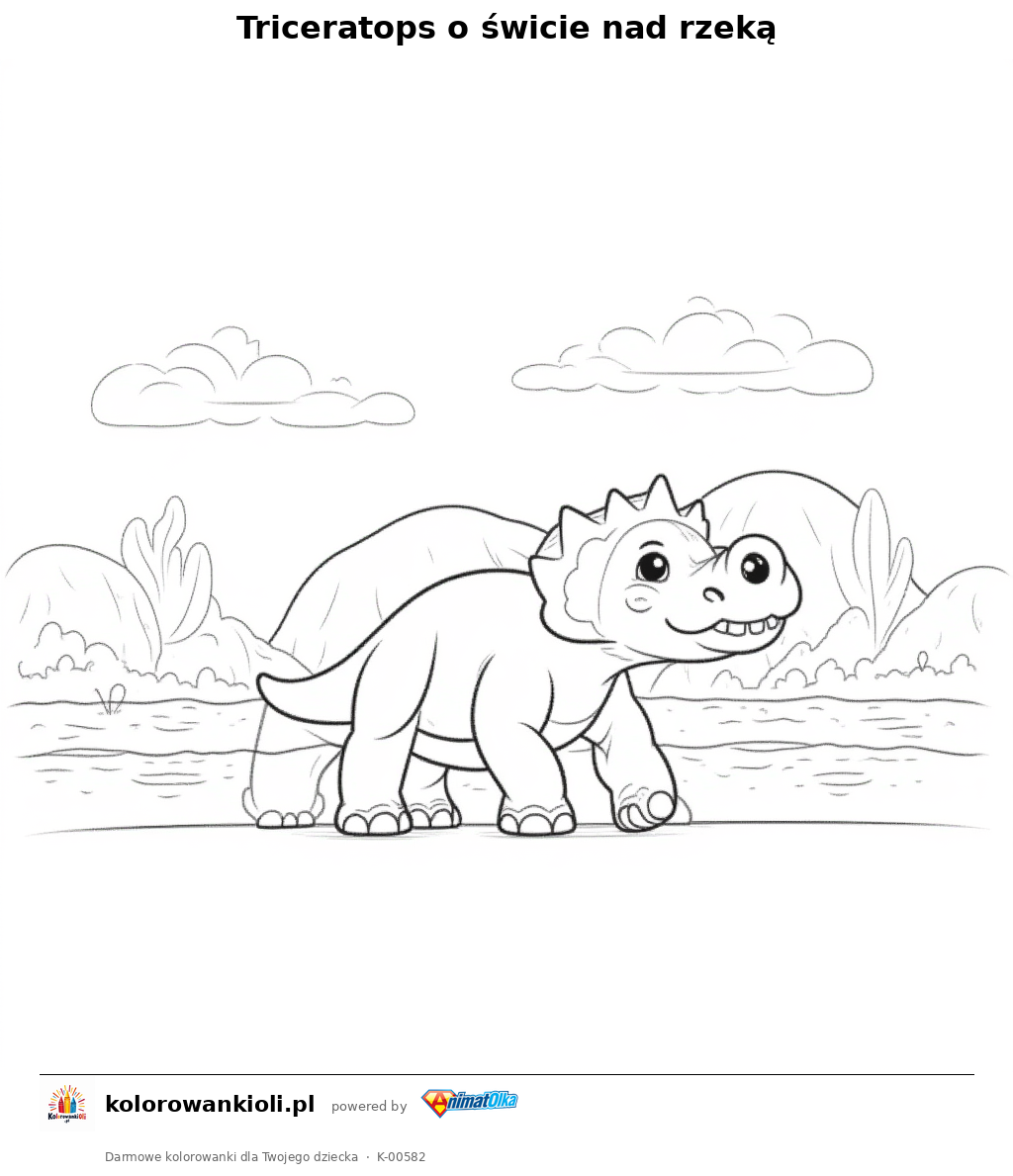 Triceratops o świcie nad rzeką — kolorowanka do wydruku dla dzieci