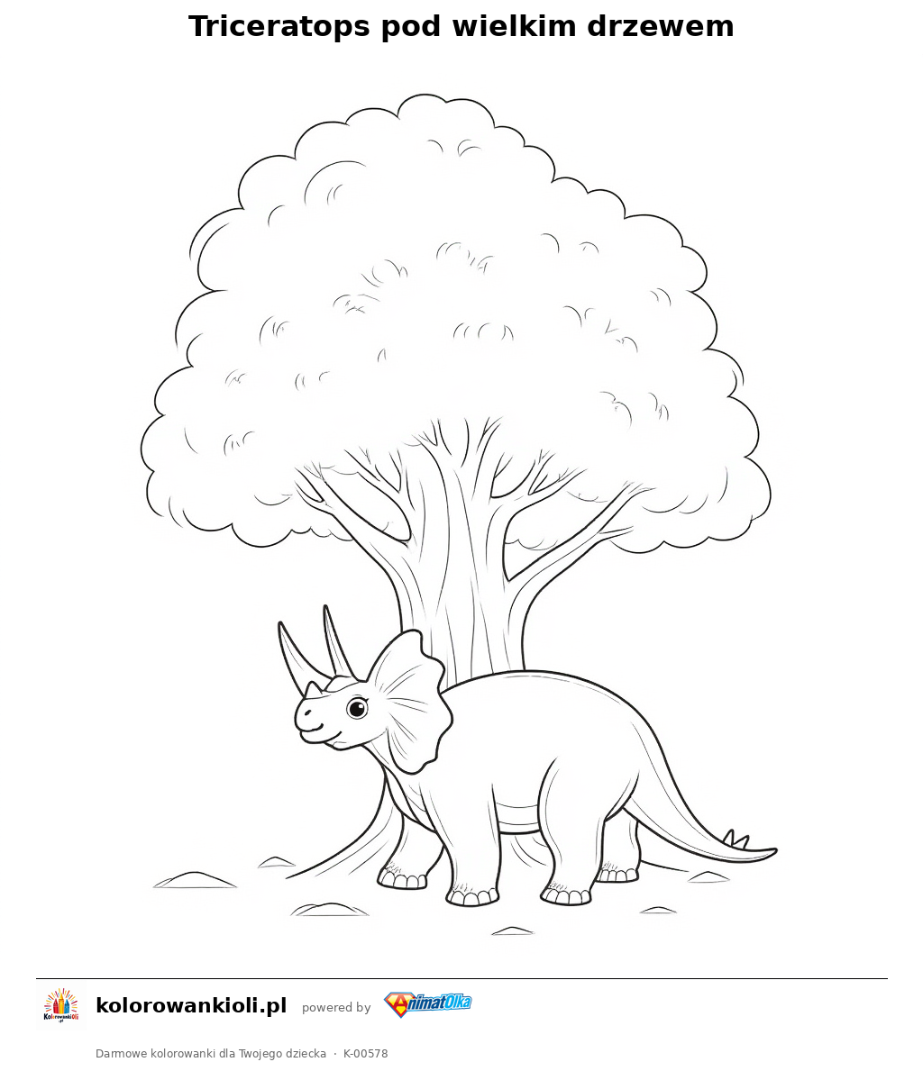 Triceratops pod wielkim drzewem — kolorowanka do wydruku dla dzieci
