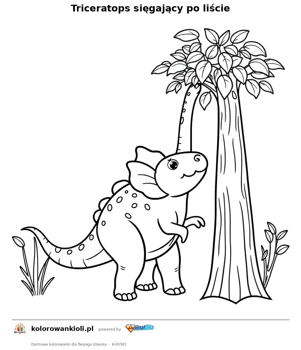 Triceratops sięgający po liście — kolorowanka do wydruku dla dzieci