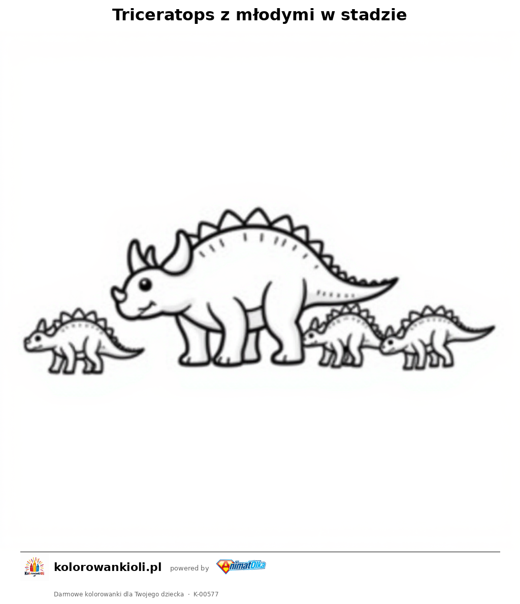 Triceratops z młodymi w stadzie — kolorowanka do wydruku dla dzieci