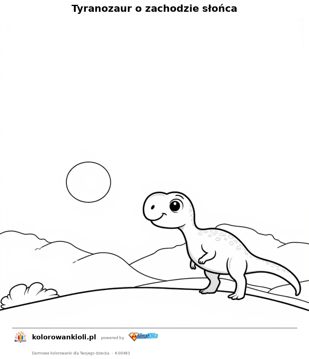 Tyranozaur o zachodzie słońca — kolorowanka do wydruku dla dzieci