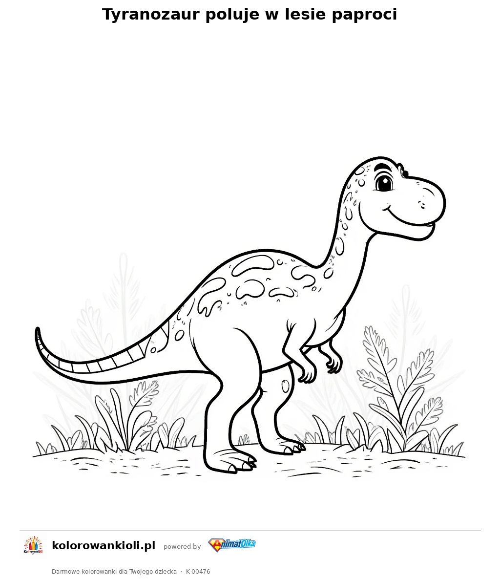 Tyranozaur poluje w lesie paproci — kolorowanka do wydruku dla dzieci