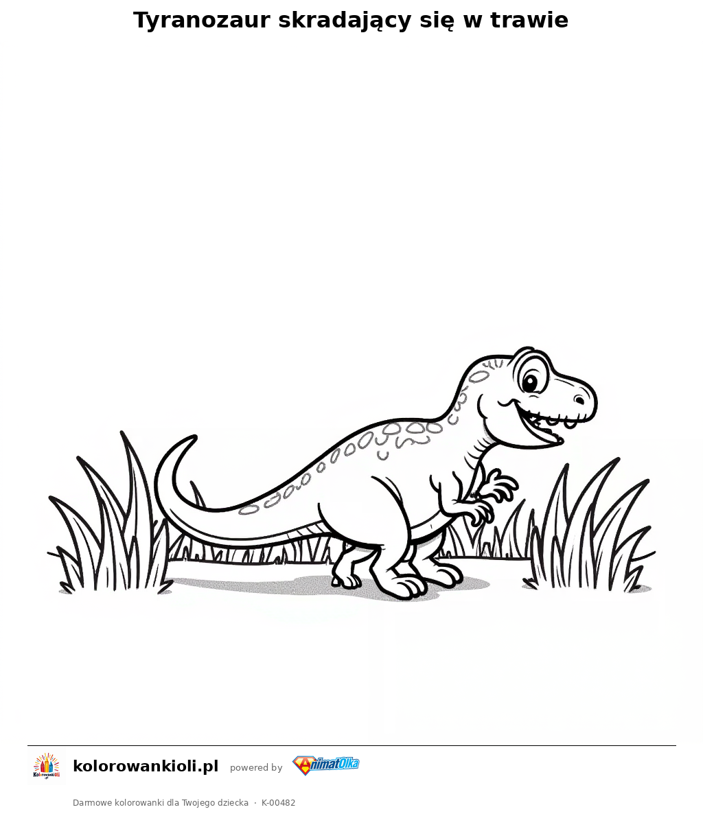 Tyranozaur skradający się w trawie — kolorowanka do wydruku dla dzieci
