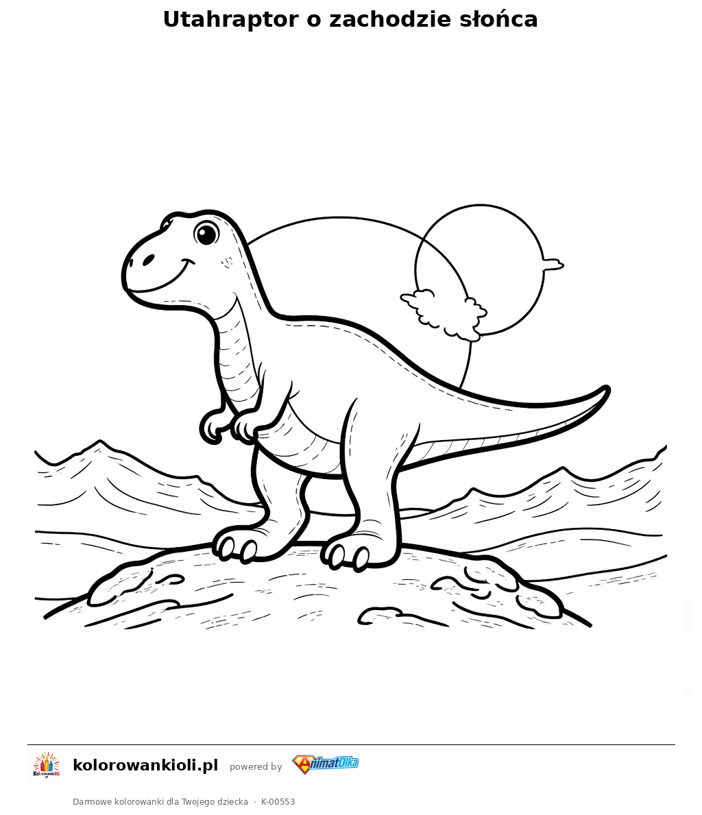 Utahraptor o zachodzie słońca — kolorowanka do wydruku dla dzieci
