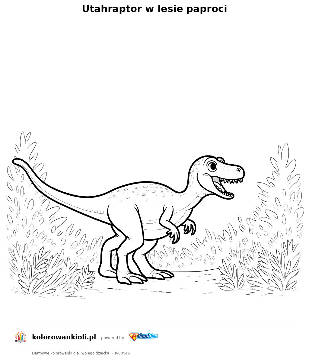 Utahraptor w lesie paproci — kolorowanka do wydruku dla dzieci