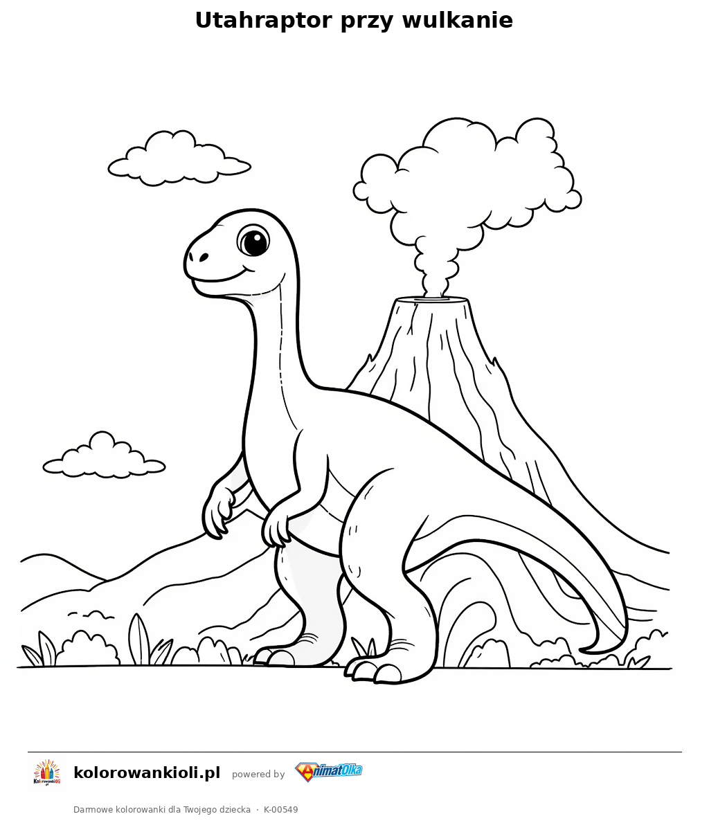 Utahraptor przy wulkanie — kolorowanka do wydruku dla dzieci