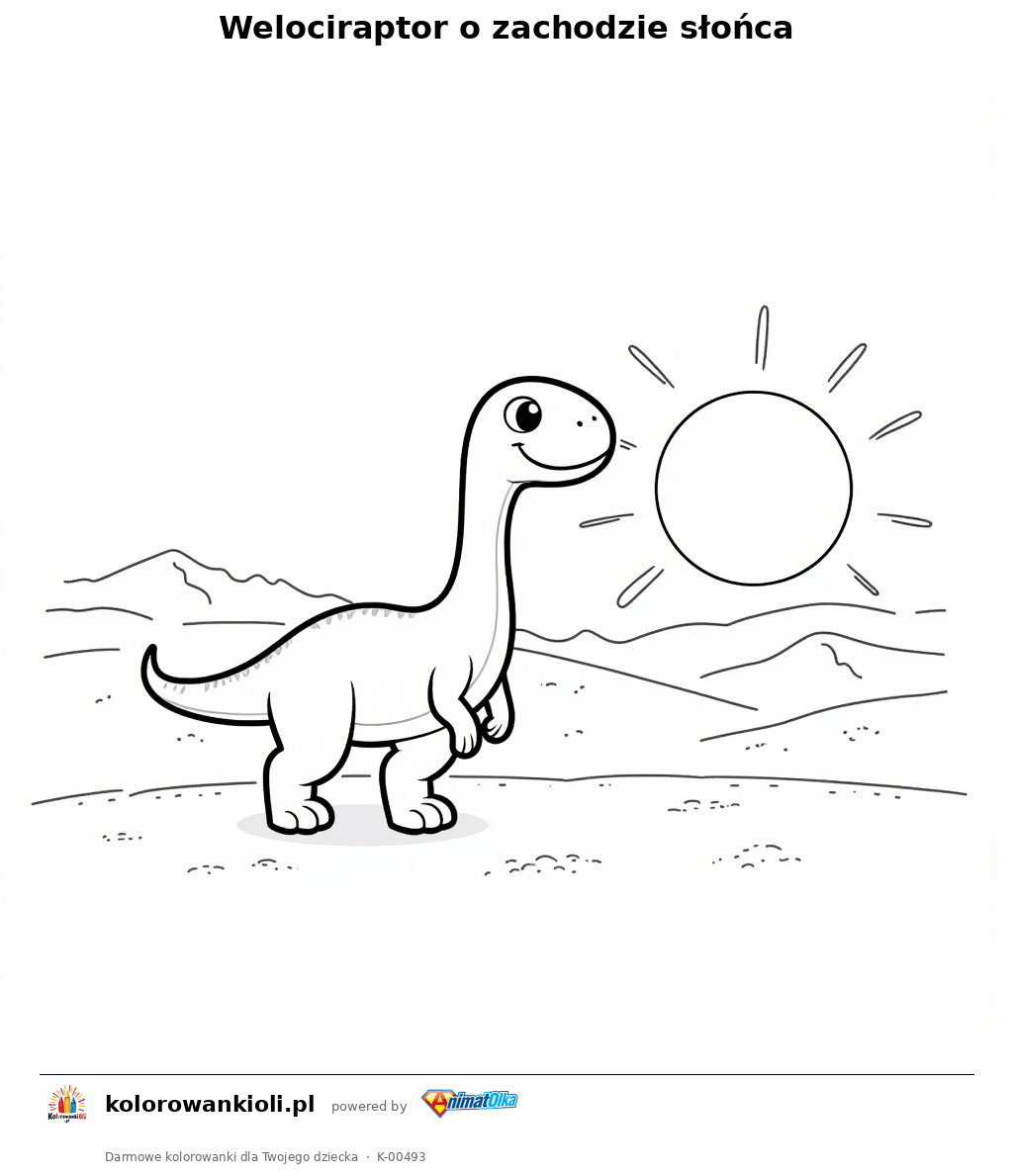 Welociraptor o zachodzie słońca — kolorowanka do wydruku dla dzieci