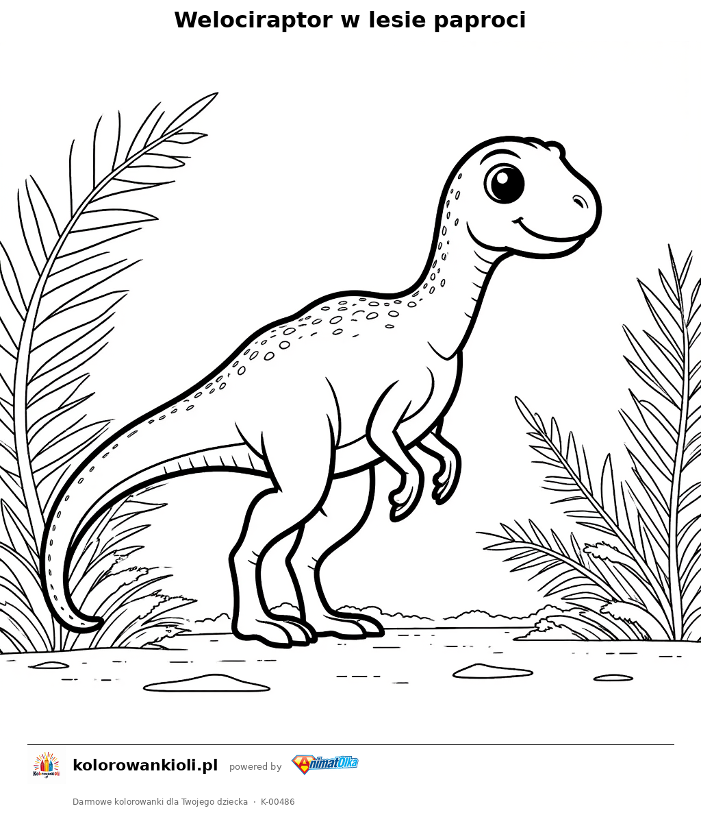 Welociraptor w lesie paproci — kolorowanka do wydruku dla dzieci