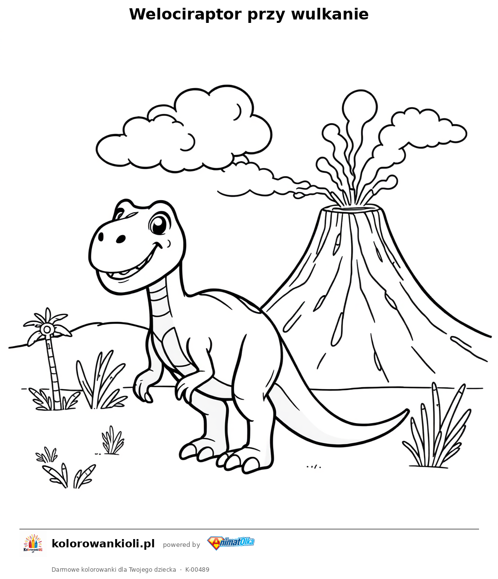 Welociraptor przy wulkanie — kolorowanka do wydruku dla dzieci