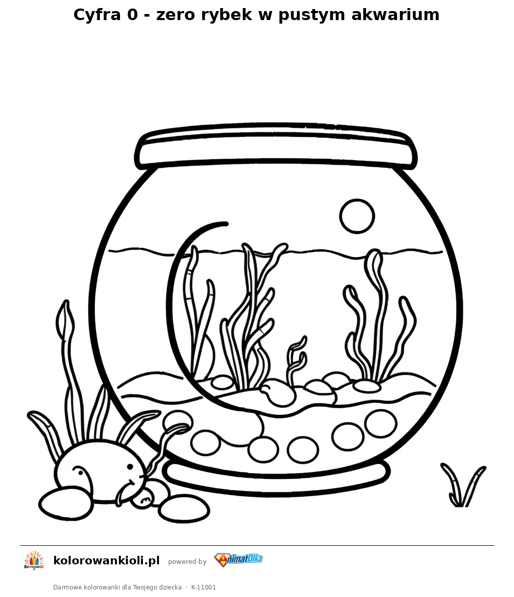 Cyfra 0 - zero rybek w pustym akwarium — kolorowanka do wydruku dla dzieci