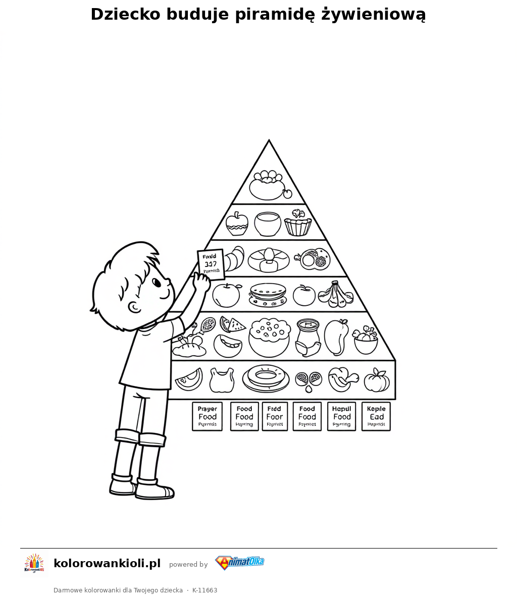 Dziecko buduje piramide zywieniowa — kolorowanka do wydruku dla dzieci
