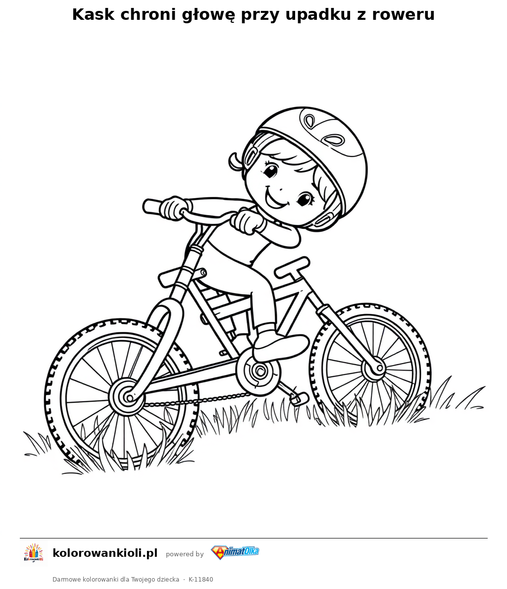 Kask chroni głowę przy upadku z roweru — kolorowanka do wydruku dla dzieci