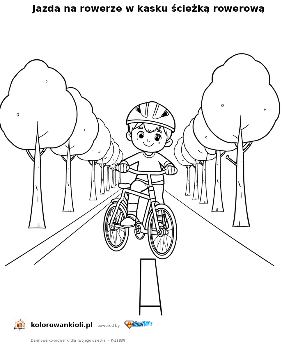 Jazda na rowerze w kasku ścieżką rowerową — kolorowanka do wydruku dla dzieci