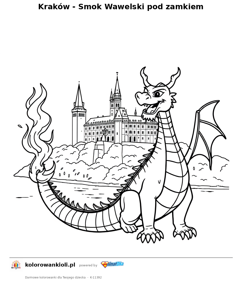 Kraków - Smok Wawelski pod zamkiem — kolorowanka do wydruku dla dzieci