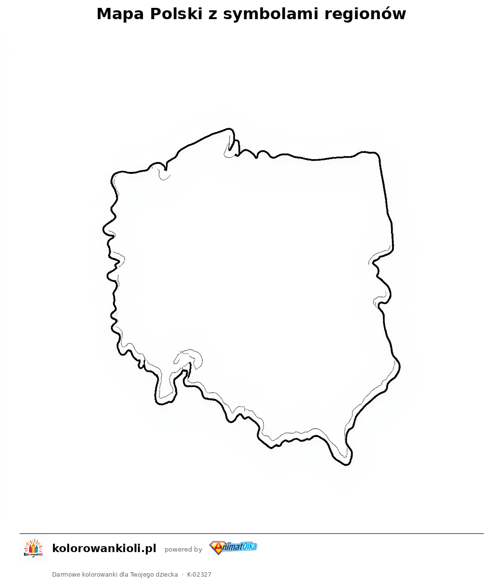 Mapa Polski z symbolami regionów — kolorowanka do wydruku dla dzieci