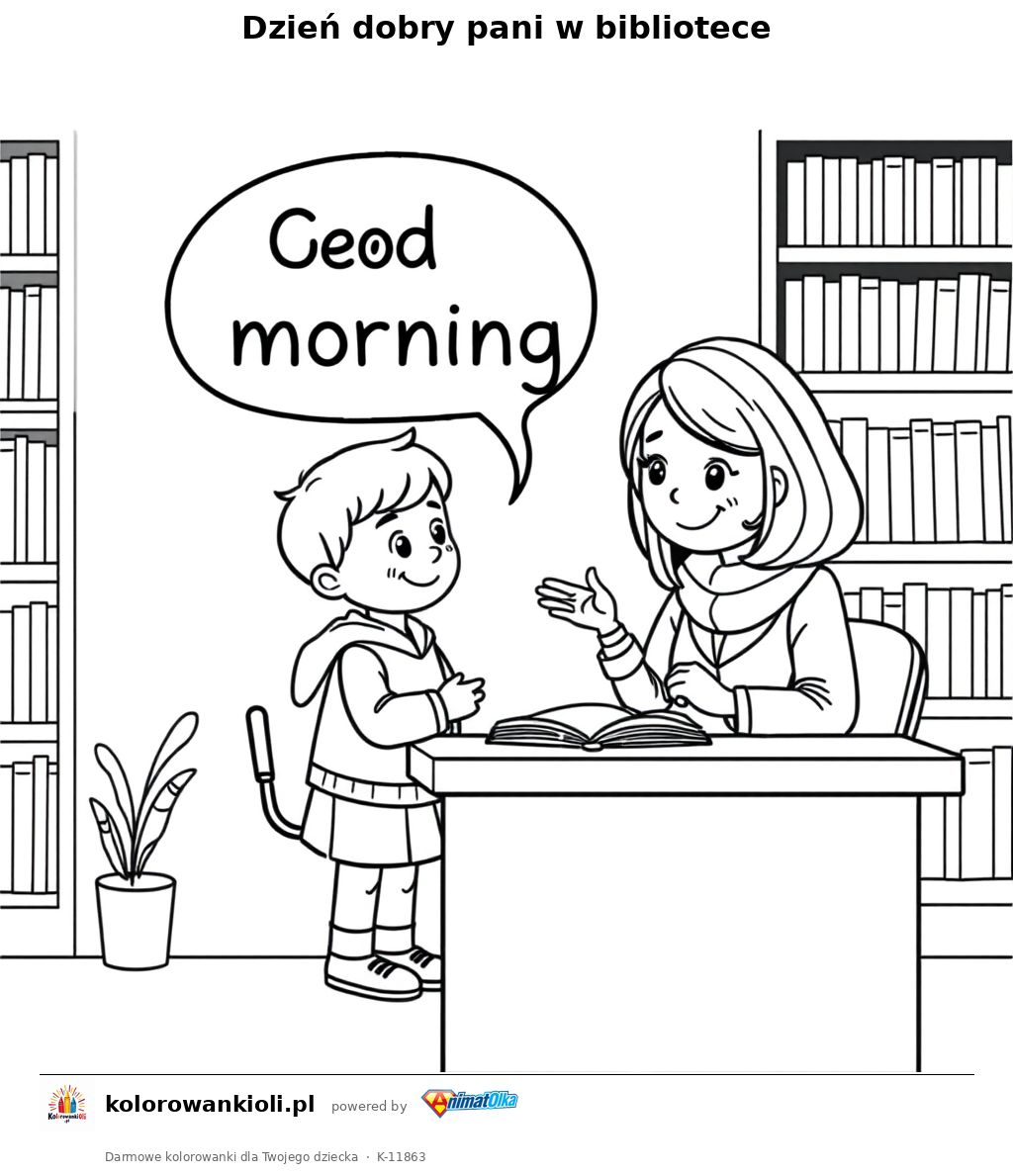 Dzień dobry pani w bibliotece — kolorowanka do wydruku dla dzieci