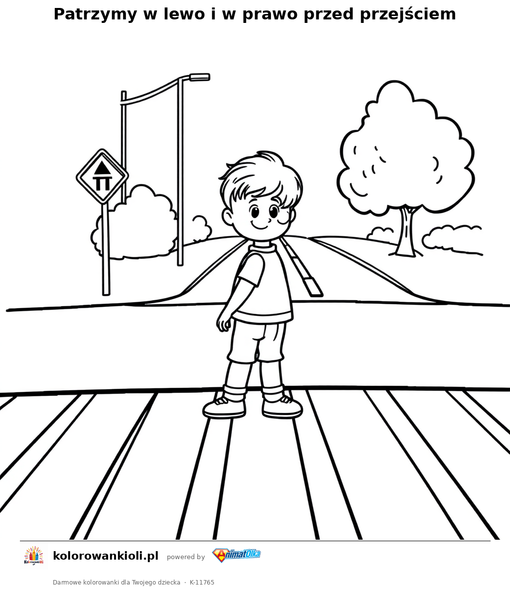 Patrzymy w lewo i w prawo przed przejsciem — kolorowanka do wydruku dla dzieci
