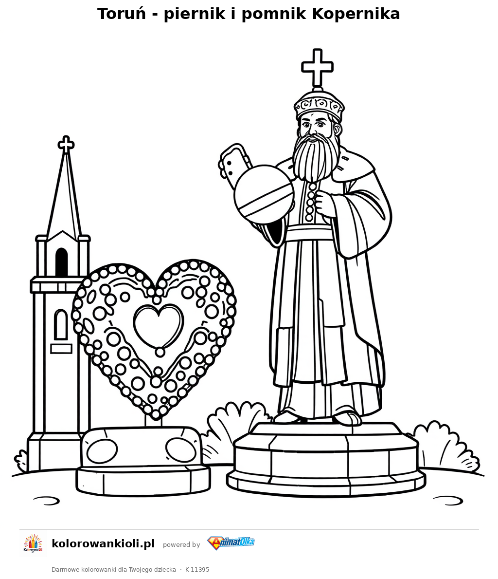 Toruń - piernik i pomnik Kopernika — kolorowanka do wydruku dla dzieci