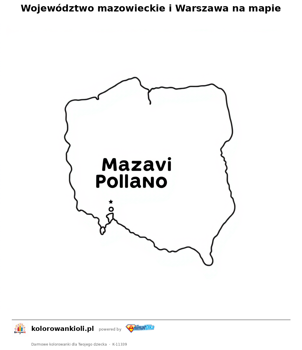 Województwo mazowieckie i Warszawa na mapie — kolorowanka do wydruku dla dzieci