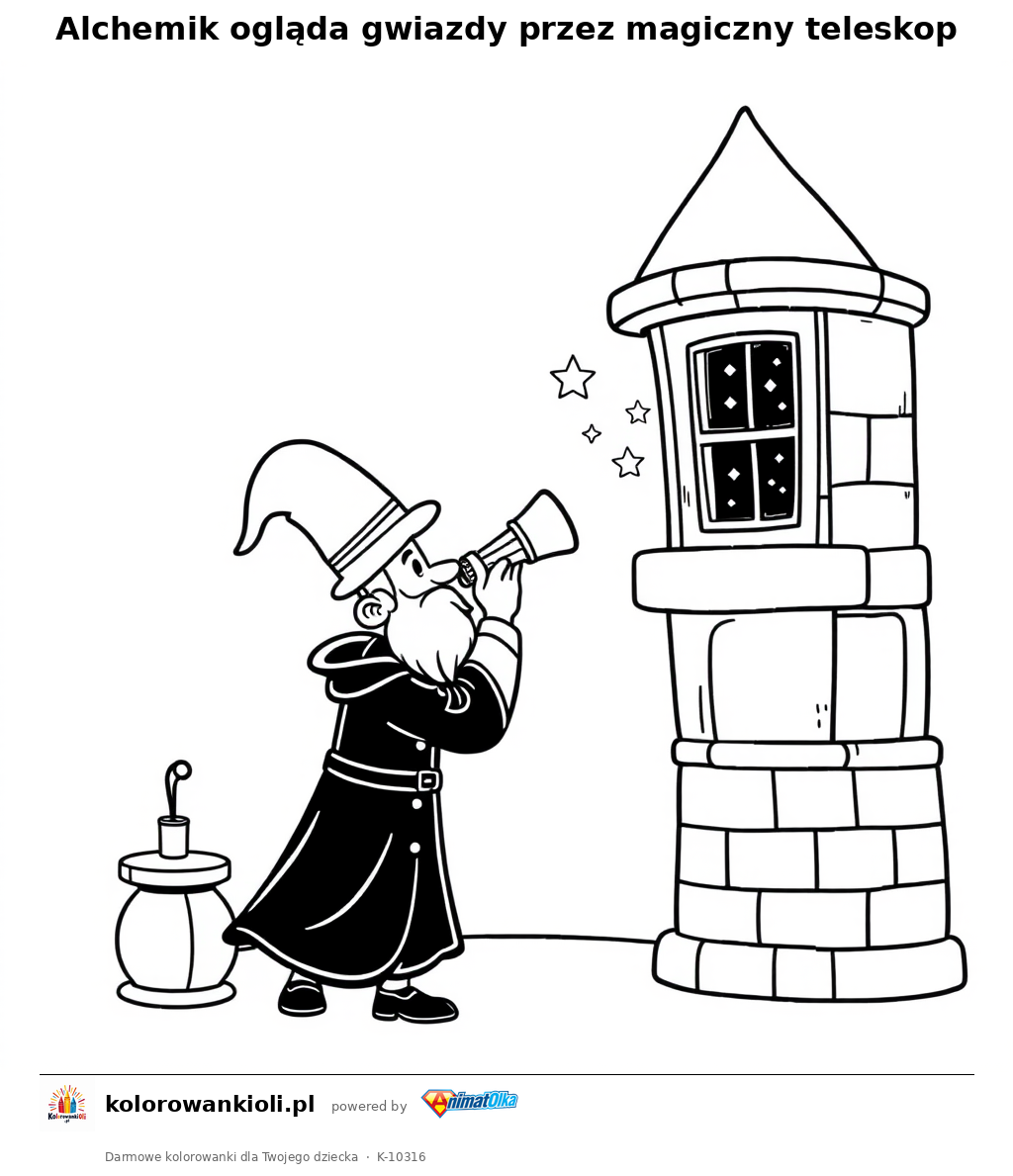 Alchemik ogląda gwiazdy przez magiczny teleskop — kolorowanka do wydruku dla dzieci