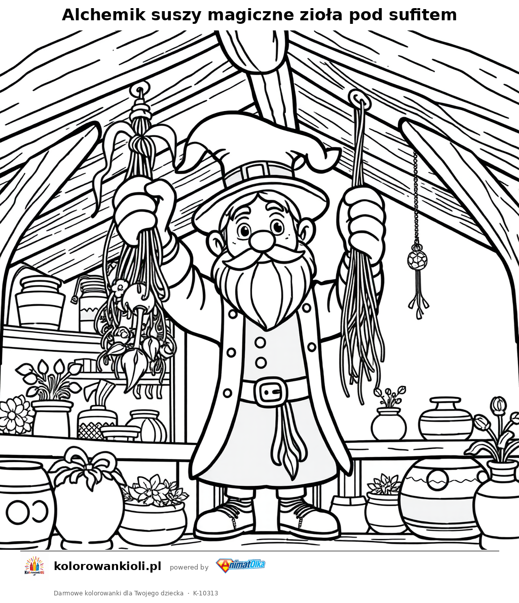 Alchemik suszy magiczne zioła pod sufitem — kolorowanka do wydruku dla dzieci