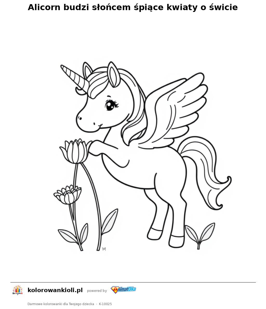 Alicorn budzi sloncem spiace kwiaty o swicie — kolorowanka do wydruku dla dzieci