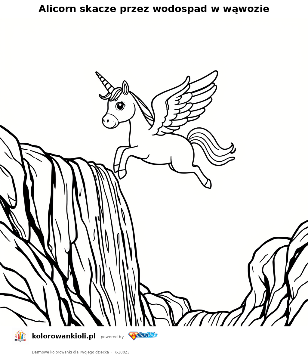 Alicorn skacze przez wodospad w wąwozie — kolorowanka do wydruku dla dzieci