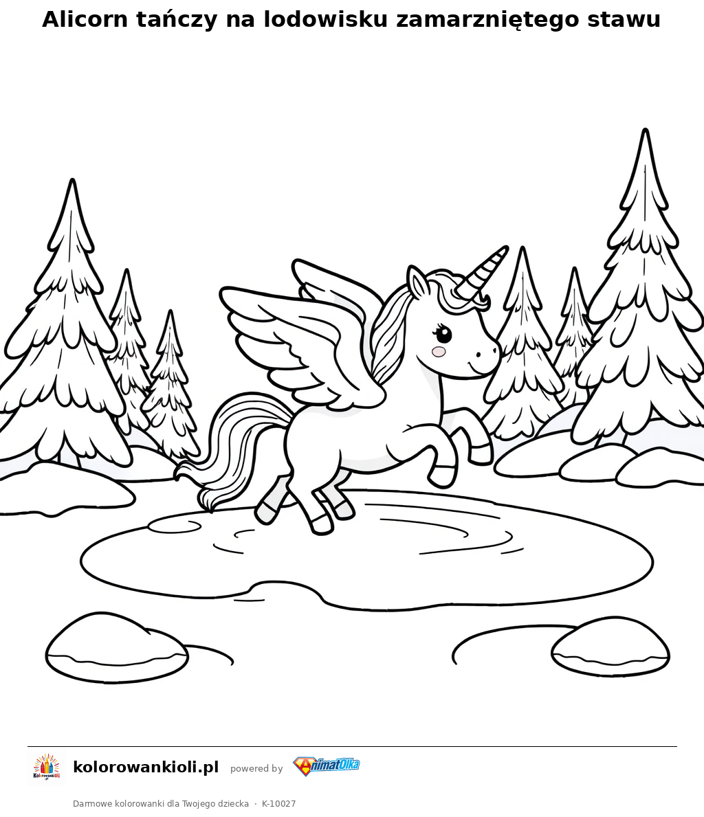 Alicorn tanczy na lodowisku zamarznietego stawu — kolorowanka do wydruku dla dzieci