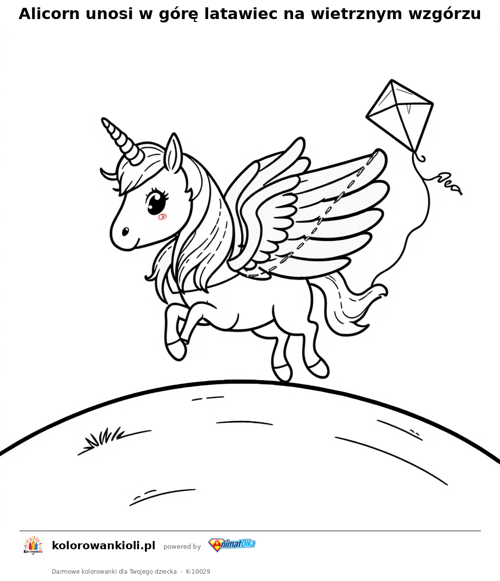 Alicorn unosi w gore latawiec na wietrznym wzgorzu — kolorowanka do wydruku dla dzieci