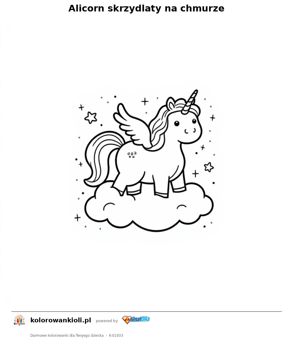 Alicorn skrzydlaty na chmurze — kolorowanka do wydruku dla dzieci