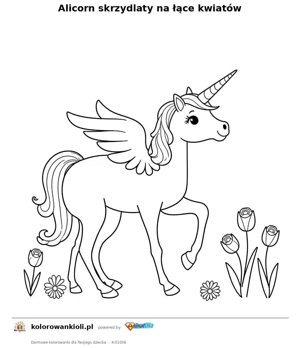 Alicorn skrzydlaty na łące kwiatów — kolorowanka do wydruku dla dzieci