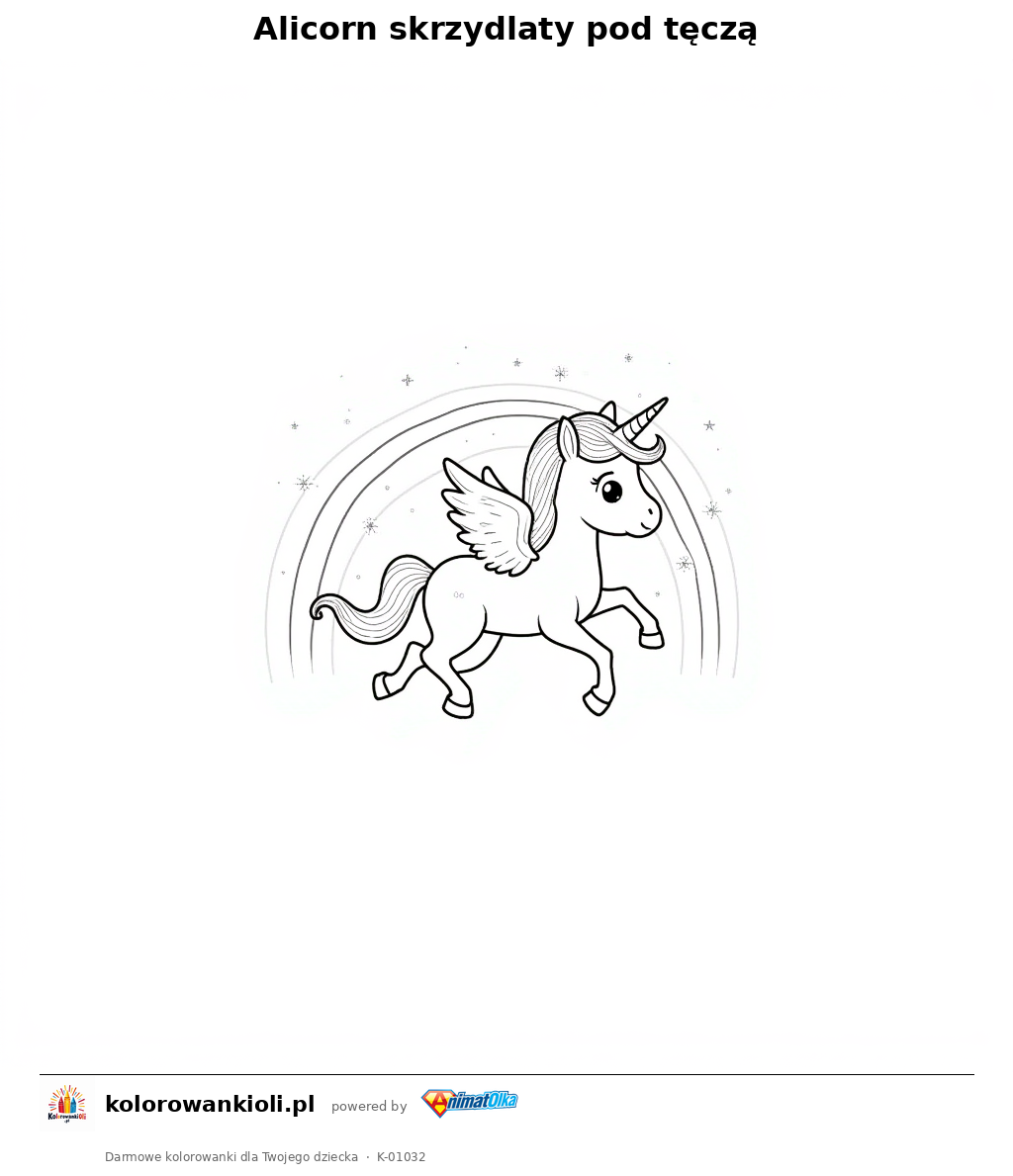 Alicorn skrzydlaty pod tęczą — kolorowanka do wydruku dla dzieci