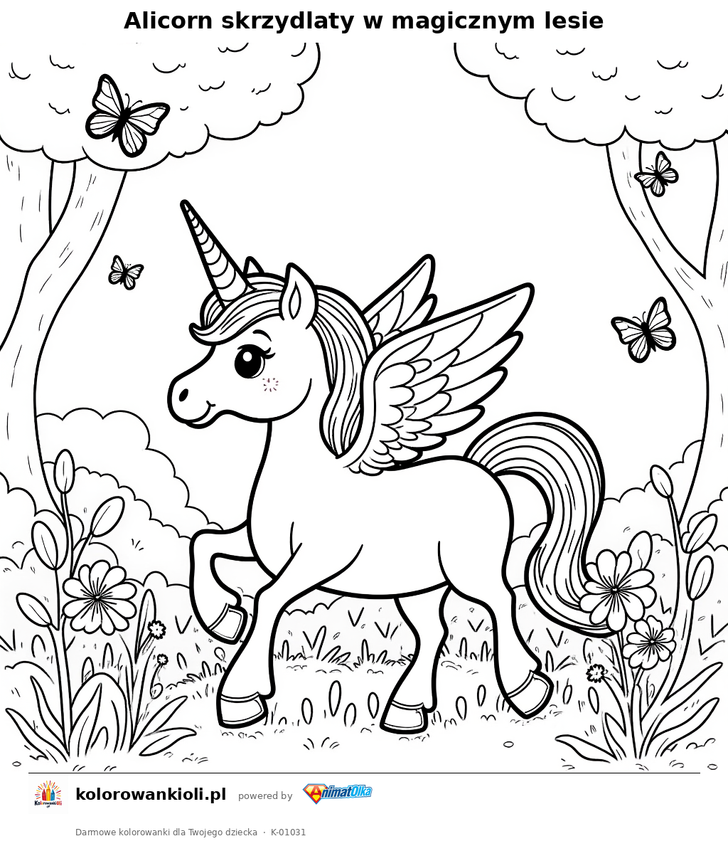 Alicorn skrzydlaty w magicznym lesie — kolorowanka do wydruku dla dzieci