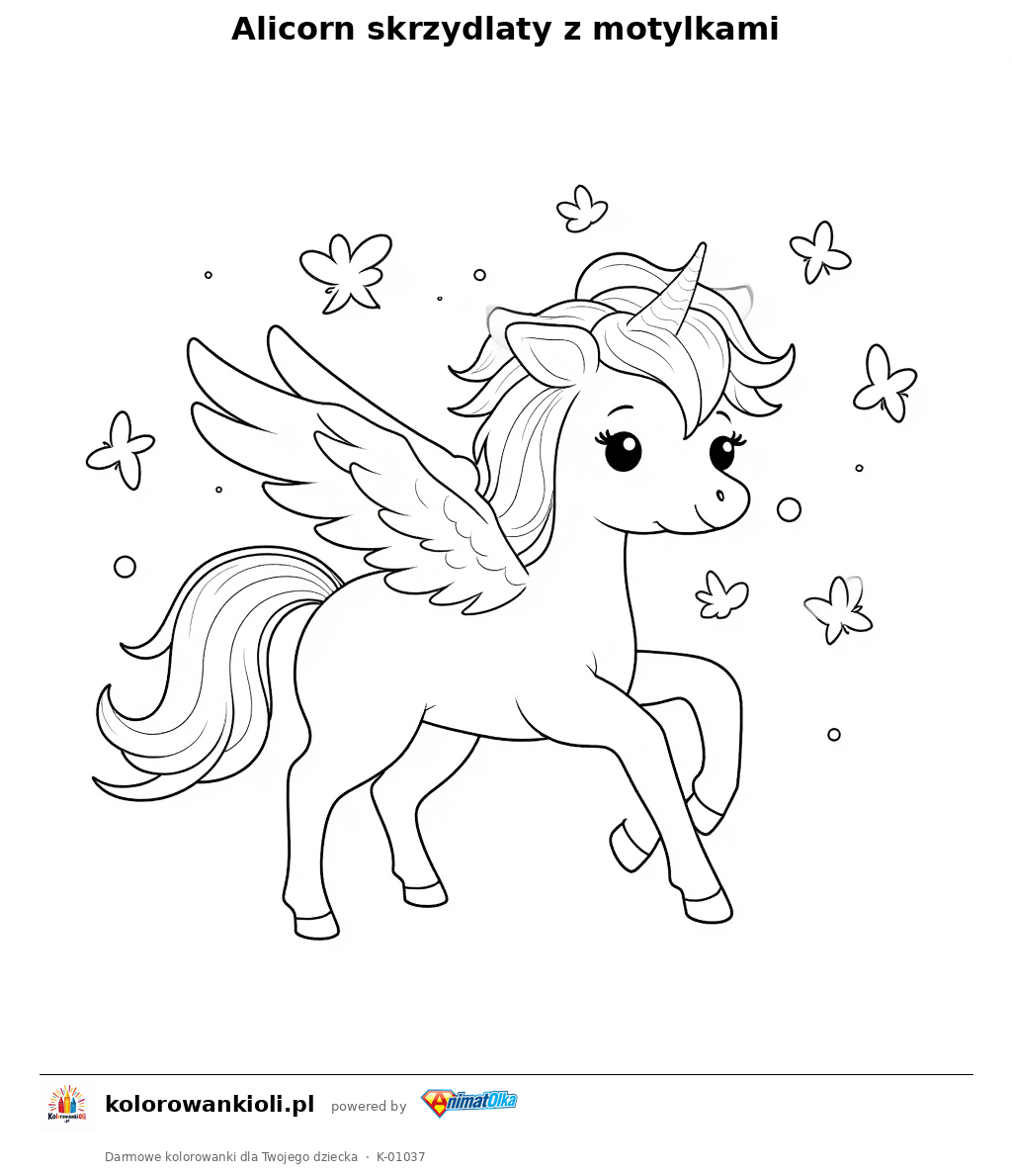 Alicorn skrzydlaty z motylkami — kolorowanka do wydruku dla dzieci