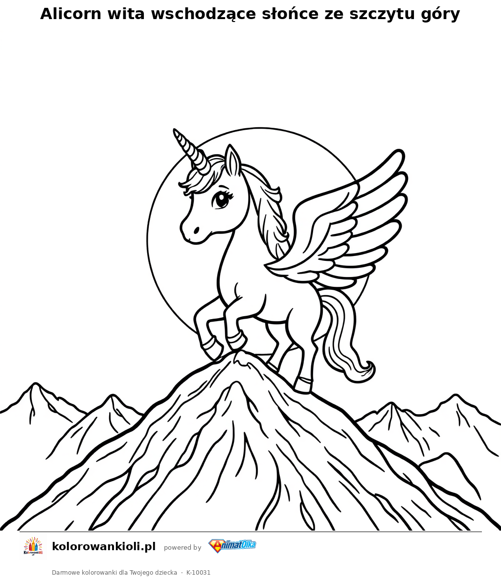 Alicorn wita wschodzace slonce ze szczytu gory — kolorowanka do wydruku dla dzieci