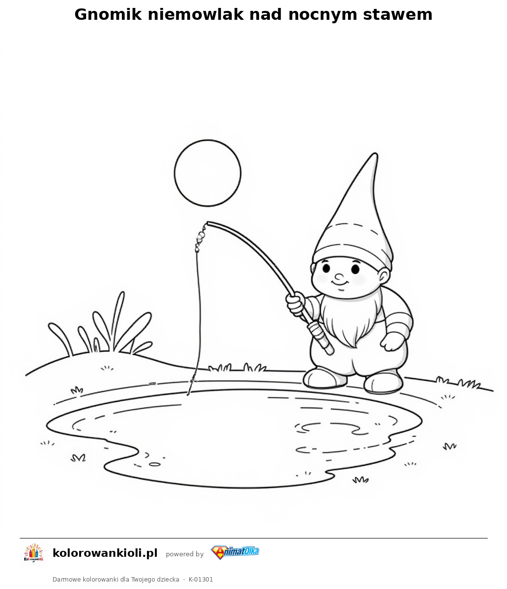 Gnomik niemowlak nad nocnym stawem — kolorowanka do wydruku dla dzieci