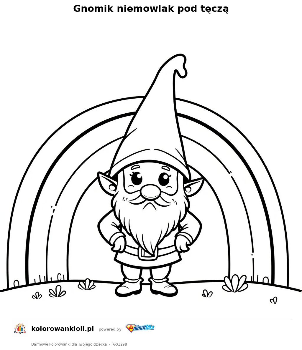 Gnomik niemowlak pod tęczą — kolorowanka do wydruku dla dzieci