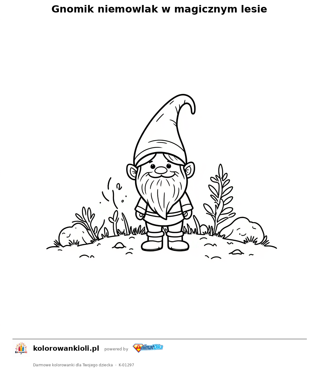 Gnomik niemowlak w magicznym lesie — kolorowanka do wydruku dla dzieci
