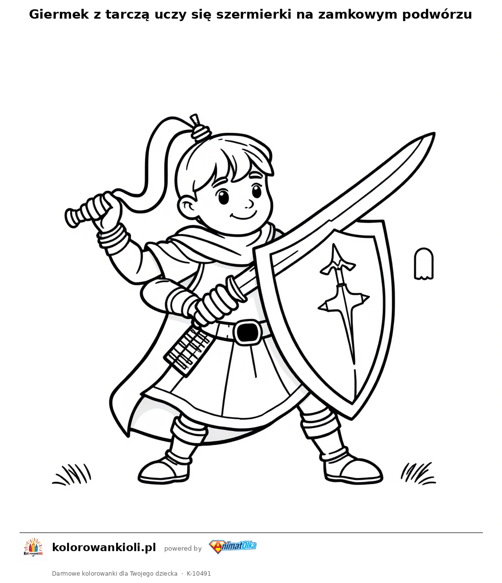 Giermek z tarczą uczy się szermierki na zamkowym podwórzu — kolorowanka do wydruku dla dzieci