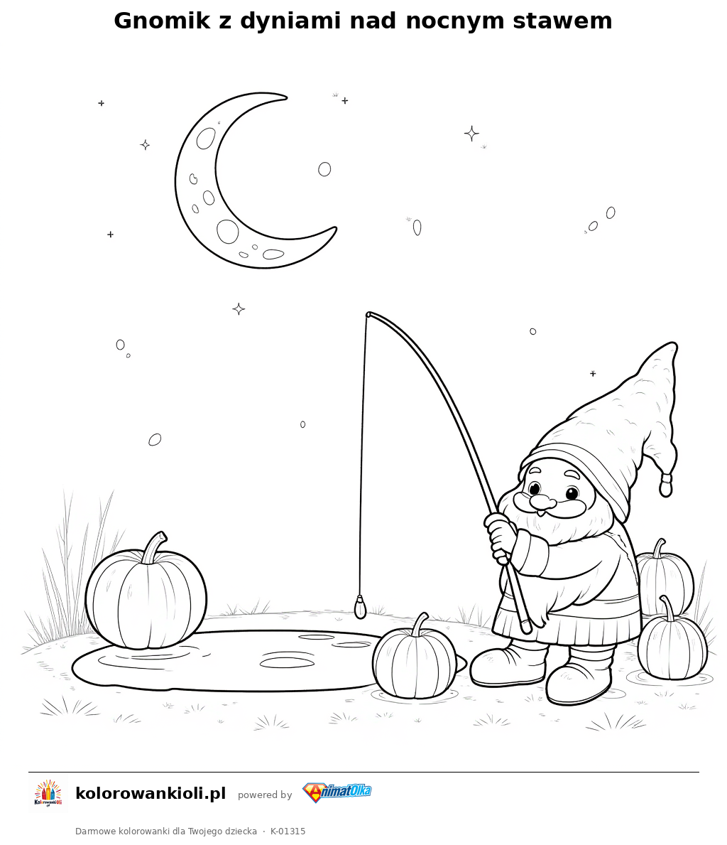 Gnomik z dyniami nad nocnym stawem — kolorowanka do wydruku dla dzieci