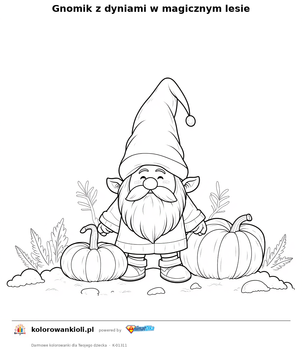 Gnomik z dyniami w magicznym lesie — kolorowanka do wydruku dla dzieci