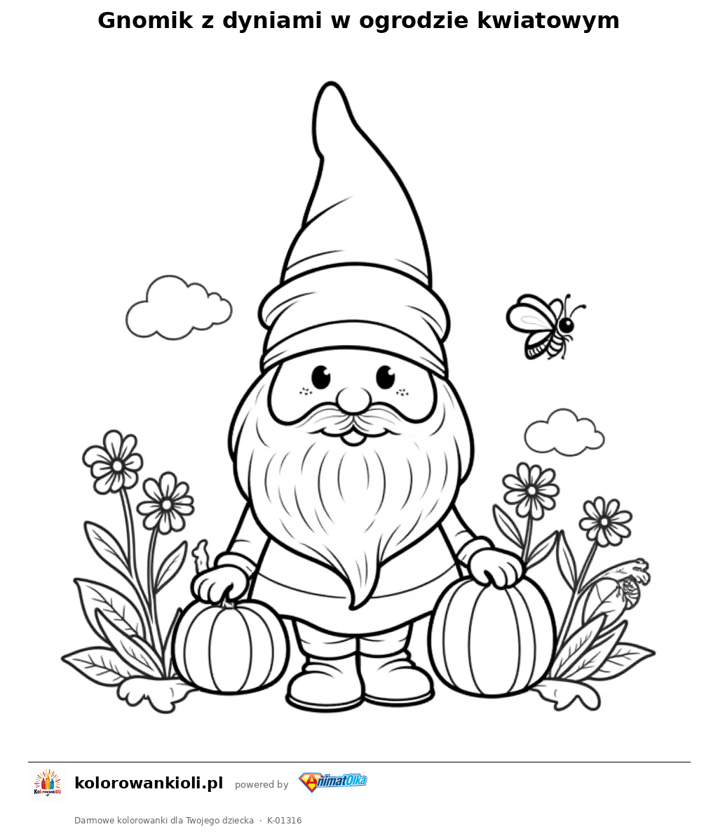 Gnomik z dyniami w ogrodzie kwiatowym — kolorowanka do wydruku dla dzieci