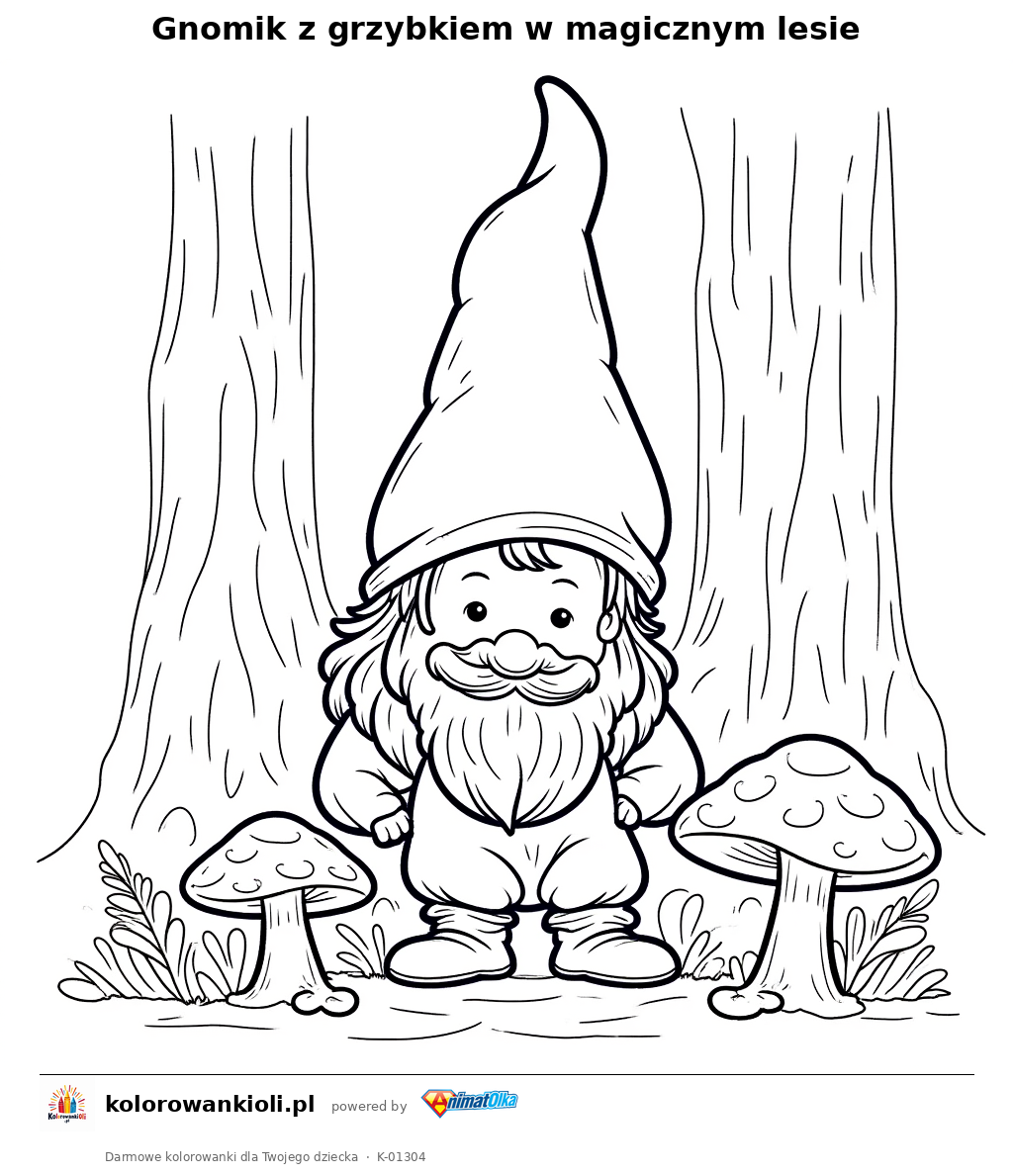 Gnomik z grzybkiem w magicznym lesie — kolorowanka do wydruku dla dzieci