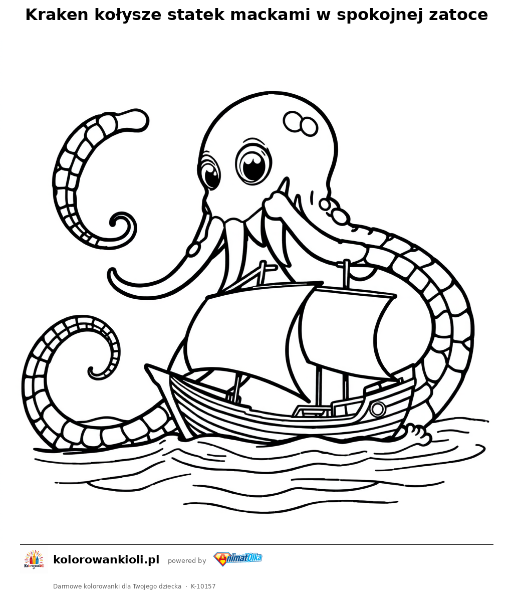 Kraken kolysze statek mackami w spokojnej zatoce — kolorowanka do wydruku dla dzieci