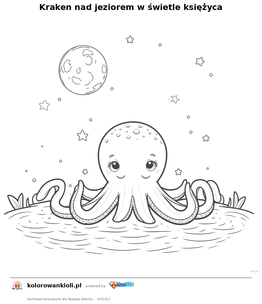Kraken nad jeziorem w świetle księżyca — kolorowanka do wydruku dla dzieci
